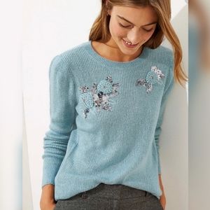 LOFT Knit Blue Sweater with Flower and Sequin Detail, Size Medium